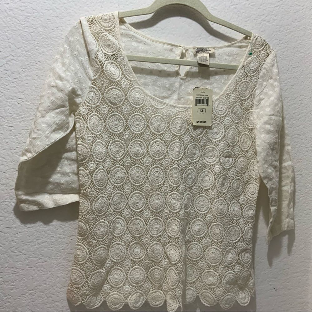Lucky Brand Jeans ~LIVE IN LOVE 3/4 Sleeve Crochet Shirt Size xS retail $129
